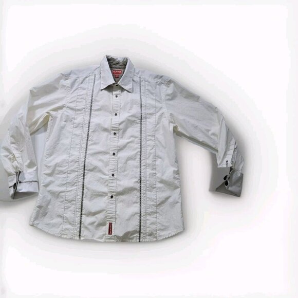 Red Label Hilfiger Denim Shirt Men L Cream Khaki LS Y2K Pearl Button Up Boho VTG - Picture 8 of 16